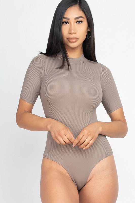 Mock Neck Solid Ribbed Bodysuit