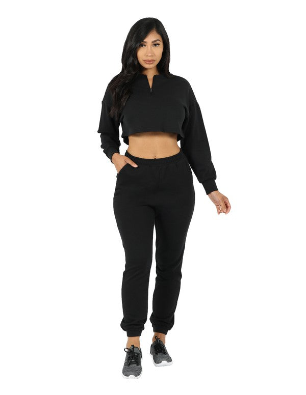 CROP ZIP FRONT PULLOVER AND JOGGER SET