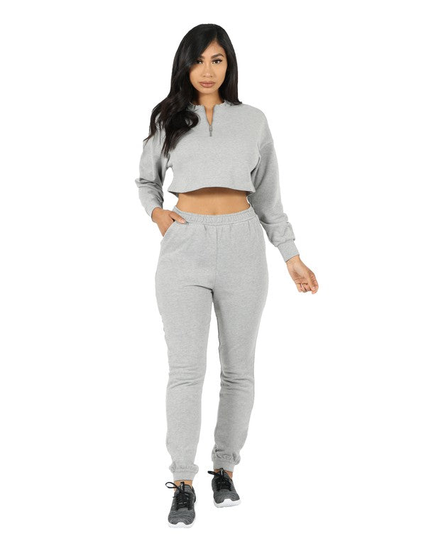 CROP ZIP FRONT PULLOVER AND JOGGER SET