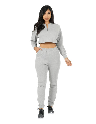 CROP ZIP FRONT PULLOVER AND JOGGER SET