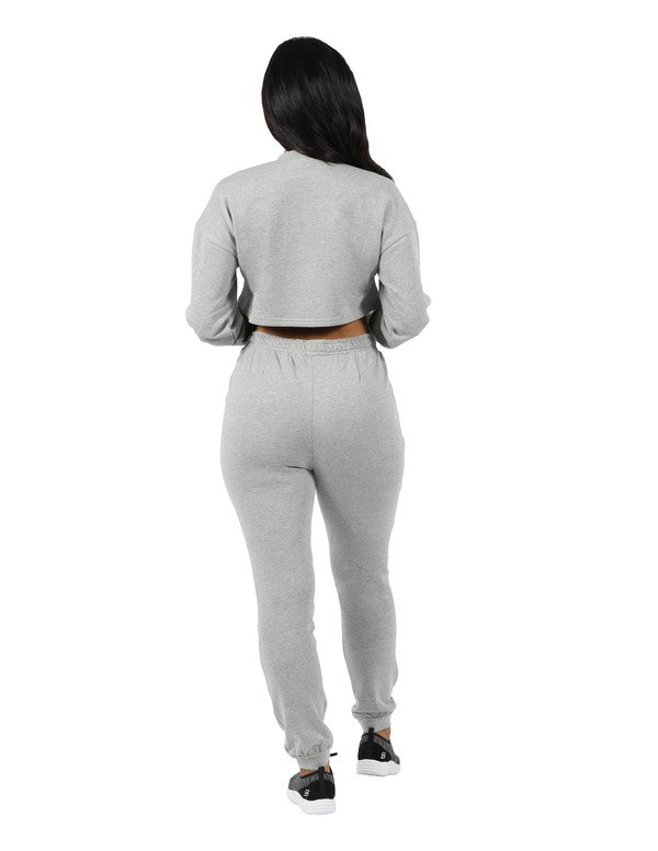 CROP ZIP FRONT PULLOVER AND JOGGER SET