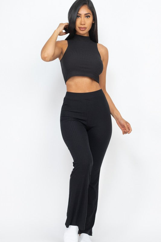 Sleeveless Ribbed Mock Neck & Pants Set