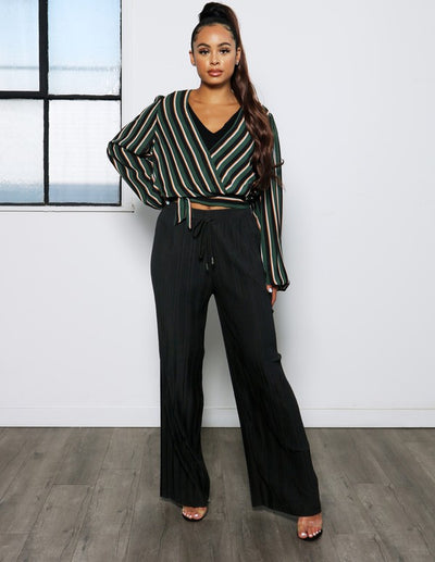 HIGH RISE WIDE LEG PLEATED KNIT PANT