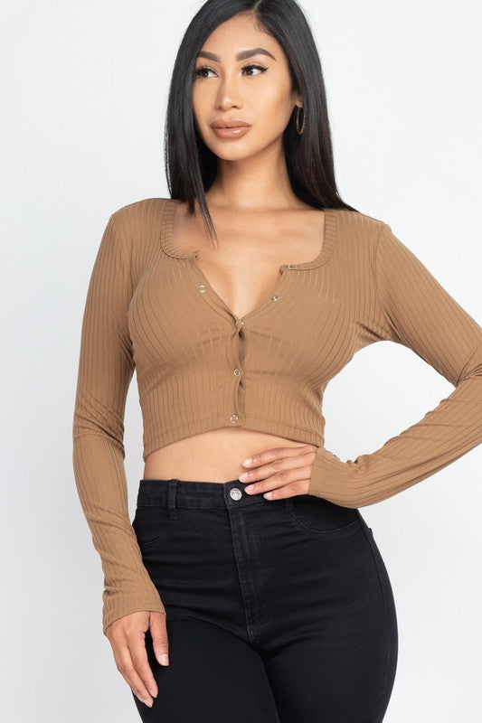 Button Up Ribbed Crop To