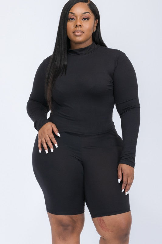 Plus Size Mock Neck & Biker Shorts Set