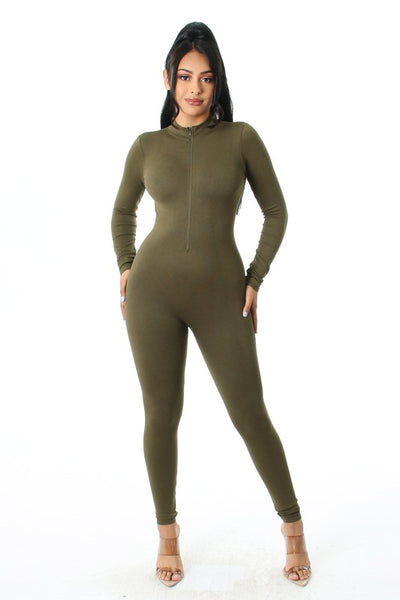 BODYCON JUMPSUIT WITH MOCK NECK ZIPPER