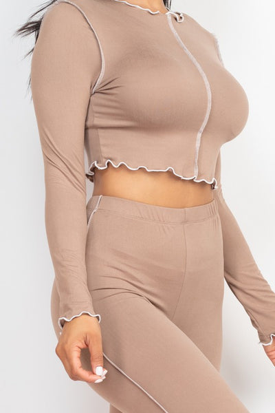 Lettuce Edge Long Sleeve Crop Top & Leggings Set