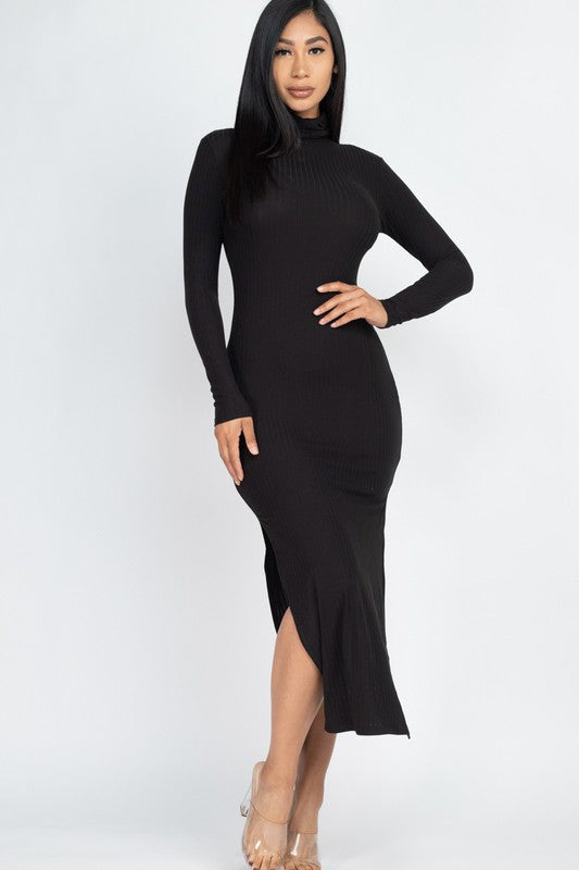 Ribbed Turtle Neck Side Slit Dress