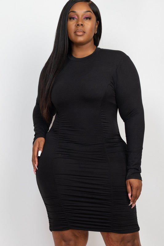 Plus Size Ruched Long Sleeve Bodycon Dress